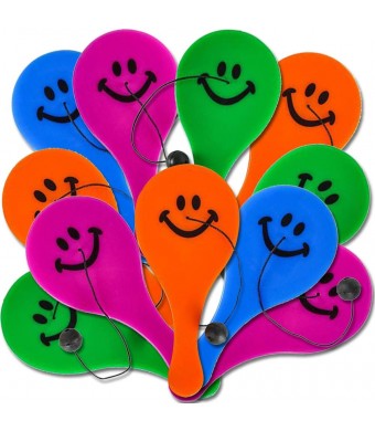 Mini Smile Paddle Game, 12/Pk – Plastic Paddleball with Elastic & Smile Face – Party Favors & Classroom Prizes