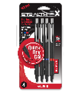 Stealth Retractable  4ct Gel Pen Plastic Barrel Black, Blue and Red Ink