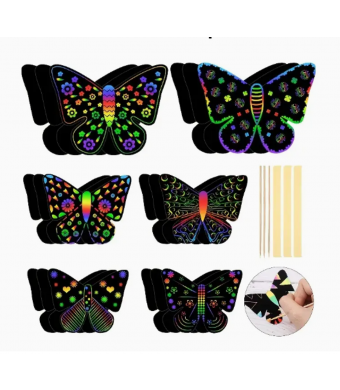 Butterfly Scratch Art Kit for Kids – 4" Rainbow Scratch Paper Crafts, 12 Pack Classroom Art Activity