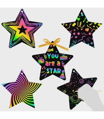 Star Scratch Paper Set - Rainbow Scratch Art Kit with Wooden Styluses and Colorful Ribbons