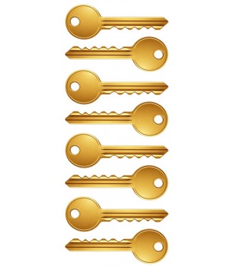 Gold key stickers on sheet with shiny metallic finish for crafts and rewards