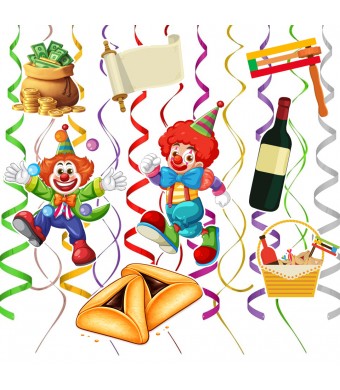 Purim Hanging Swirls Decorations 8 Inch – 36 Piece Purim Ceiling Decor Set for Classrooms, Parties, Schools & Synagogues