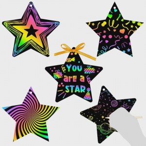 Star Scratch Paper Set - Rainbow Scratch Art Kit with Wooden Styluses and Colorful Ribbons