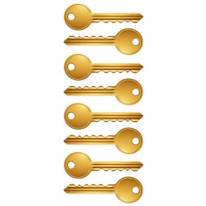 Gold key stickers on sheet with shiny metallic finish for crafts and rewards