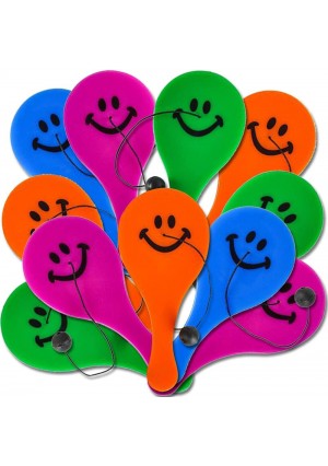 Mini Smile Paddle Game, 12/Pk – Plastic Paddleball with Elastic & Smile Face – Party Favors & Classroom Prizes