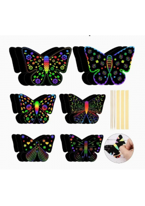 Butterfly Scratch Art Kit for Kids – 4" Rainbow Scratch Paper Crafts, 12 Pack Classroom Art Activity