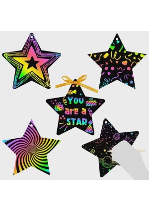 Star Scratch Paper Set - Rainbow Scratch Art Kit with Wooden Styluses and Colorful Ribbons