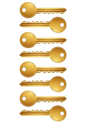 Gold key stickers on sheet with shiny metallic finish for crafts and rewards