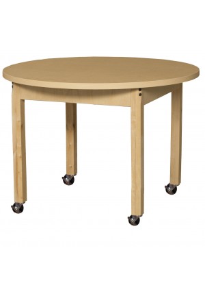 Mobile 36" Round High Pressure Laminate Table with Hardwood Legs- 14" 